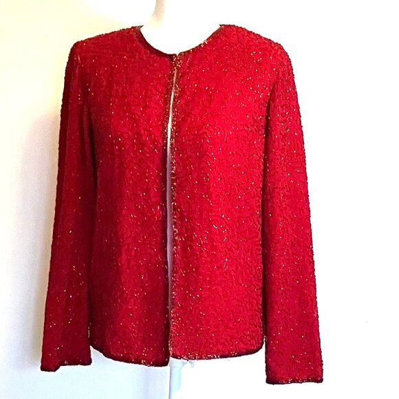 RED!!! Beaded Evening Jacket, Size Small, Hook & Eye Closure, JMD New York - Picture 1 of 4